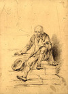 [Man with stick and hat, sitting on the steps]