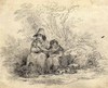 [Woman and child seated under a tree with a basket of fruit and a dog at their feet]