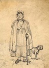 [Woman leaning on a stick, with a dog]