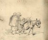 [A mother carrying a child on her back with a young boy guiding a donkey laden with panniers]