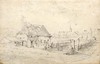 [Thatched cottage with a distant view of a town and church spire]