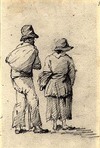 [Back of man and woman wearing hats]