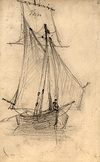 [Fishing boat under sail with figure on prow]