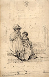 [Beggar woman seated with young child on the steps of a doorway]