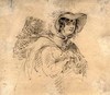 [Half-length drawing of young woman wearing a hat and carrying a basket]