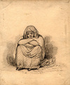 [Young woman seated with eyes closed, arms folded and basket by her side]