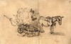 [Donkey with a cart of hay and a dog]