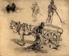 [Man with horse and cart ; two men with shovels ; two men fishing in a boat]