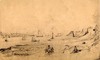[Harbour scene with ships and figure riding donkey along the strand]