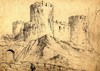 [Harlech Castle, Wales, with figure walking on road leading towards it]