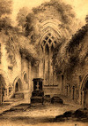 [Ruins of a church interior with tomb]