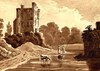 [Two cattle standing in shallow water observed by a man and woman, a castle and ruins nearby]
