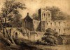[Abbey ruins with cottage and two figures