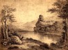 [Boy fishing from a river bank with castle ruins on the opposite bank]