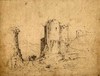 [Man and donkey and cart walking by a castle]