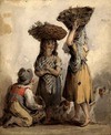 [Two girls with baskets on their heads, a man with a basket and a dog]