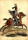 [An Officer of the 18th Hussars on horseback with sword drawn]