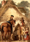 [Man and girl feeding two horses and a boy seated on one horse]