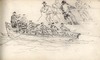 [Seven men in a rowing boat ; four men hauling on a rope]