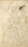 [Two ladies receiving a bouquet of flowers from a kneeling man]