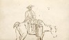 [A man riding side-saddle on a pony carrying a pannier]