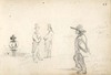 [A man seated on a park bench ; Two men in conversation ; A man standing wearing a large hat]