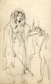 [Woman wearing a hooded cloak, with a donkey and stick]