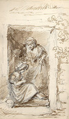 [A girl sitting in a doorway with an older woman standing behind her]