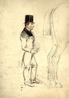 [Man wearing top hat and tailcoat ; Horse's legs, unfinished]