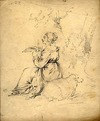 [A girl seated under a tree holding a dove in her arms with a sheep by her side]