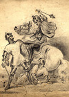 [Soldier on horseback in combat with two others]