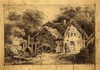 [Thatched cottage with watermill and man standing outside]