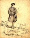 [A man in highland dress with his dog]