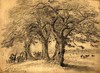 [Cattle and figures sheltering under trees in a deer park]