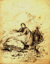 [Woman filling a bucket with water from a mountain spring]