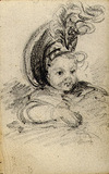 [An infant wearing a bonnet trimmed with feathers]