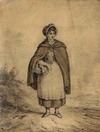 [A girl wearing a hat and cloak with a basket on her arm]