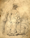 [A mother seated with an infant on her knee and a baby in a cradle beside her]