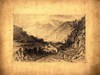 [Road leading down to a mountain valley with figures and cottages]