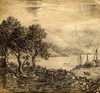 [Lakeshore with figures and cottage]