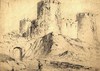 [Woman walking up a road towards Conwy Castle, North Wales]