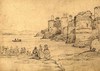 [Conwy Castle with figures standing by the shore]