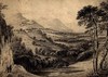 [Wooded landscape with distant mountains and two figures walking along a road]