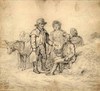 [A couple seated by the roadside in conversation with another couple standing with their donkey]
