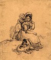 [A mother seated with her child leaning on her shoulders and a dog at her feet]