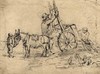 [Two men unloading a cart in a farmyard and a boy holding the donkey]