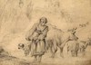 [A girl walking through a stream with her dog and a cow, goat and sheep]