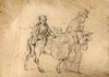 [A man leading a donkey carrying a boy and panniers]