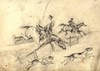 [Two huntsmen on horseback and two beagles]