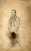 [Full length portrait of a man standing facing left, unfinished]